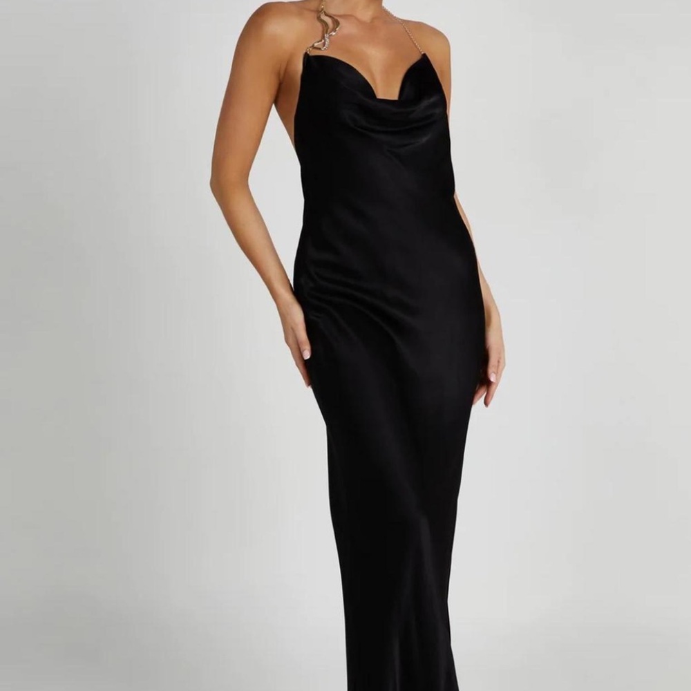 MESHKI MELISSA SATIN‎ COWL FRONT MAXI DRESS BLACK GOLD CHAIN WOMENS SZ S NWT